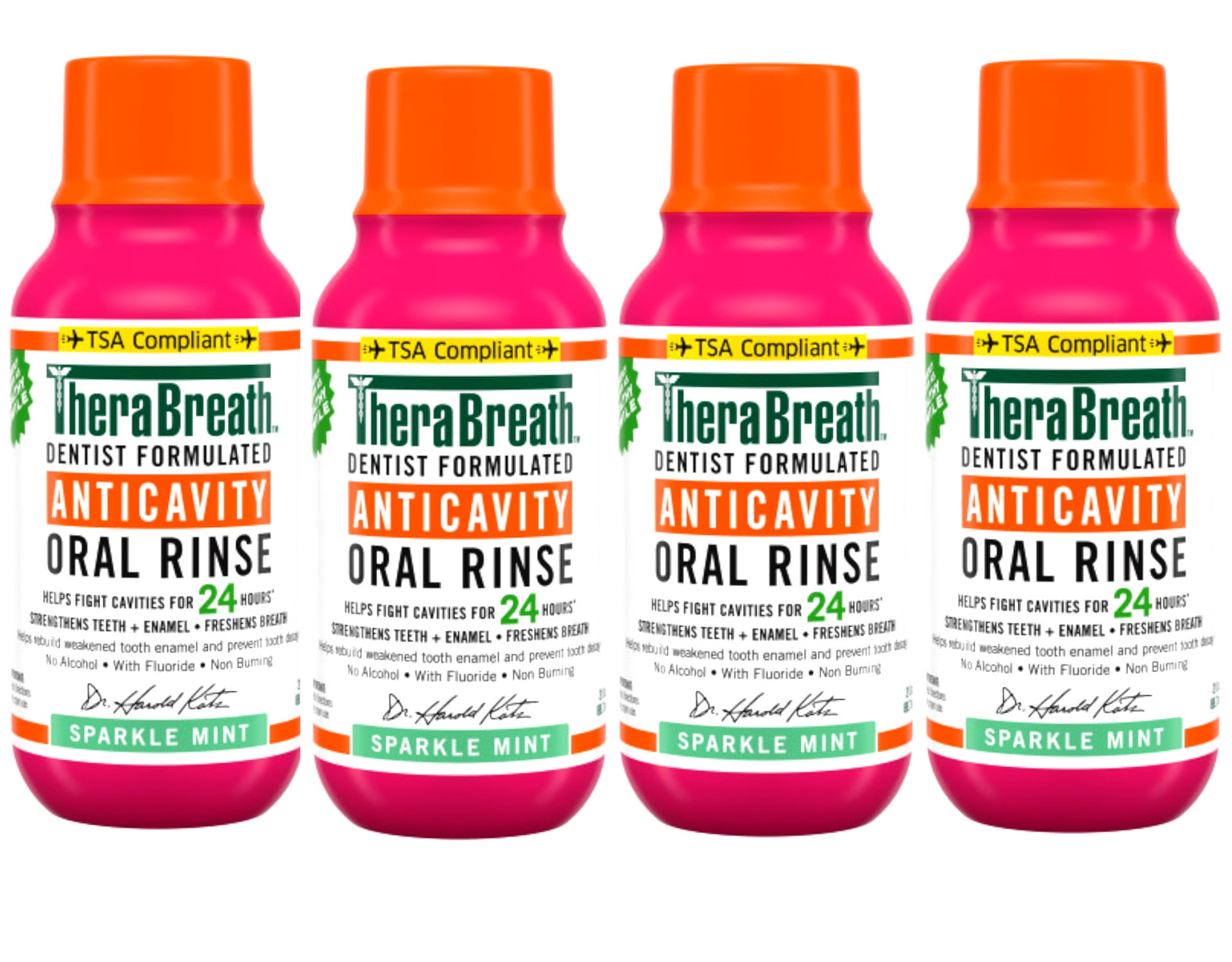 4 Pack - TheraBreath Anticavity Fluoride Mouthwash, Sparkle Mint, Travel Size, 3 fl oz