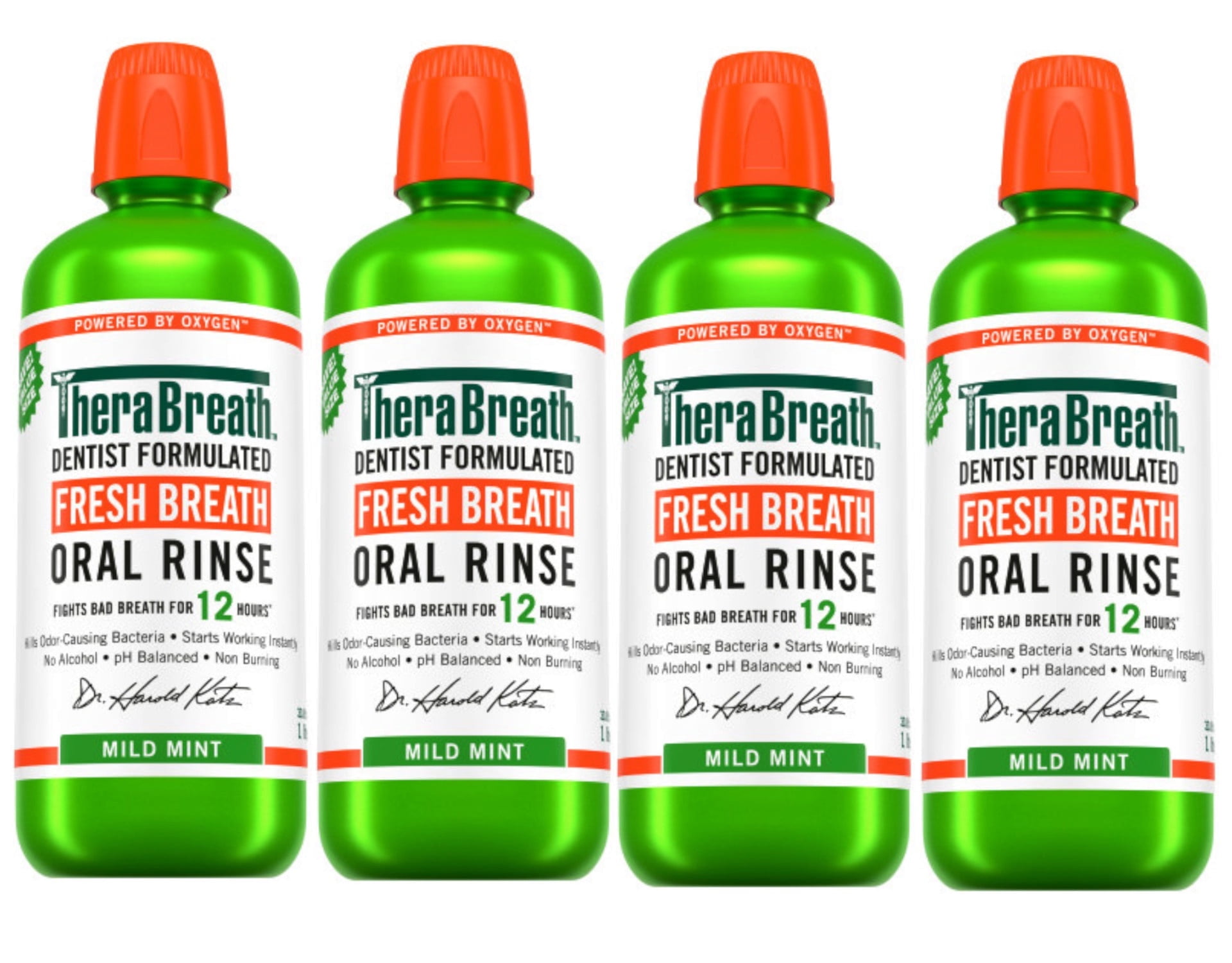 TheraBreath Fresh Breath Oral Rinse Mouthwash, Mild Mint, Alcohol-Free, Dentist Formulated, 33.8 fl oz (Pack of 4)