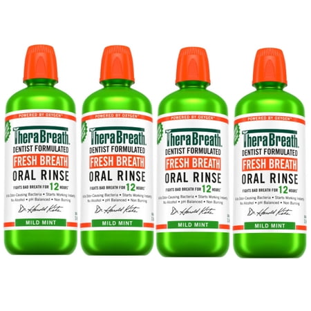 TheraBreath Fresh Breath Oral Rinse Mouthwash, Mild Mint, Alcohol-Free, Dentist Formulated, 33.8 fl oz (Pack of 4)