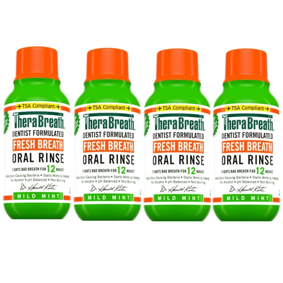 4 Pack - TheraBreath Fresh Breath Mouthwash, Mild Mint, Alcohol-Free, Travel Size, 3 fl oz