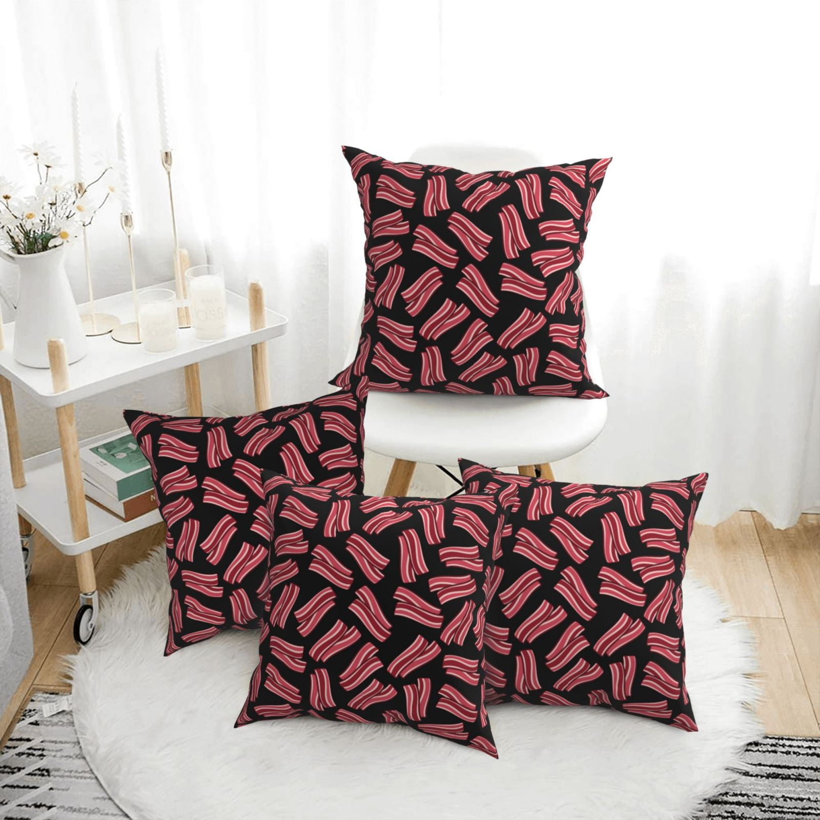 4 Pack Throw Pillow Covers Bacon Print Black Breathable Pillow Cases