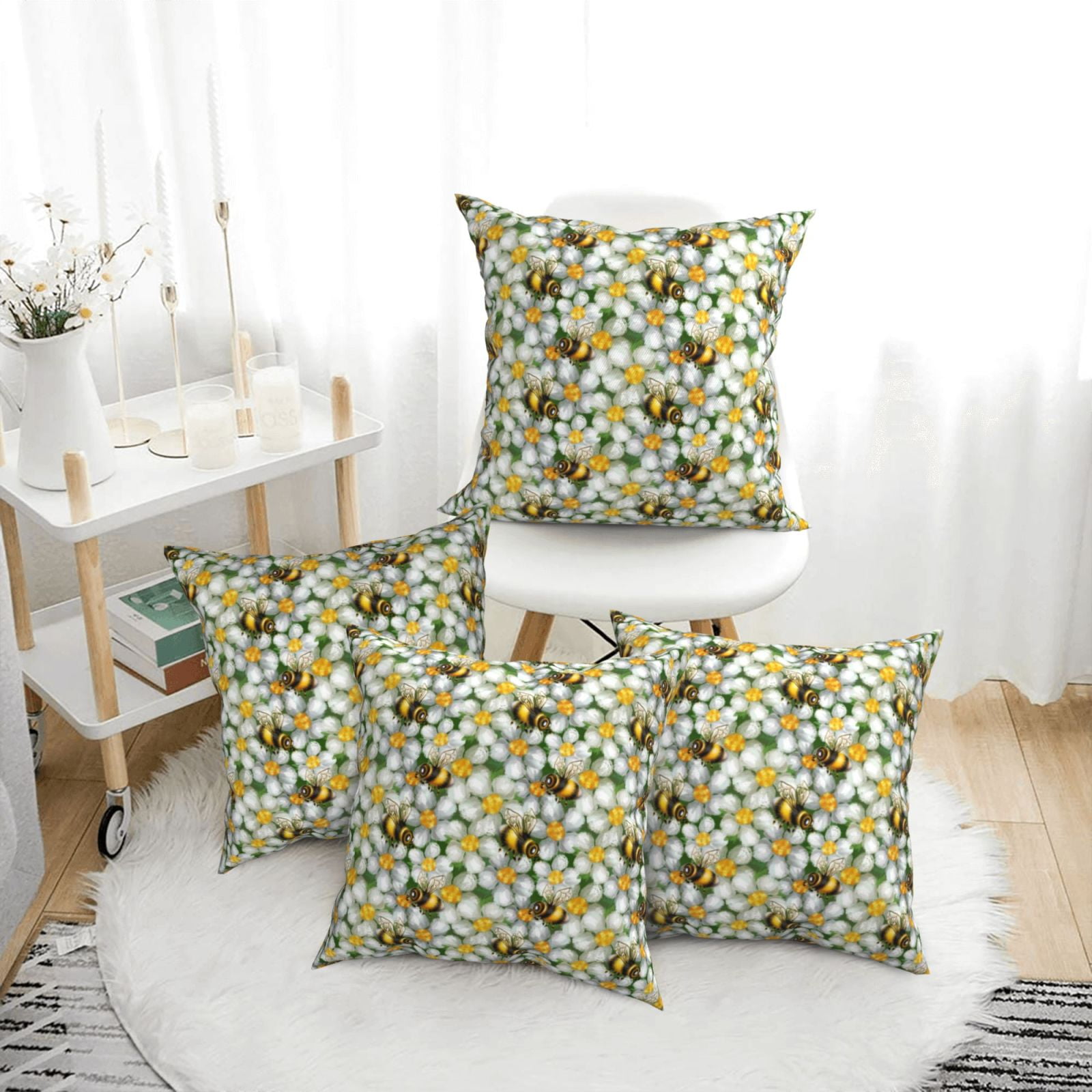 4 Pack Throw Pillow Covers Bees and Flower Breathable Pillow Cases