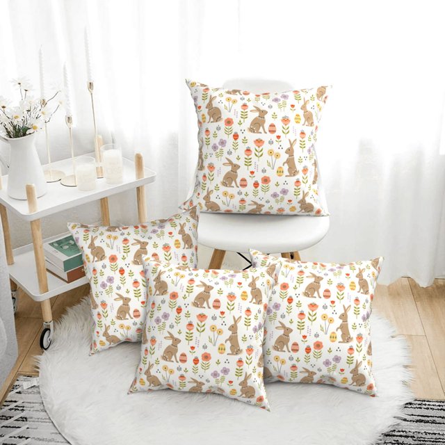 4 Pack Throw Pillow Covers Bohemian Cute Rabbit Flower_B Breathable