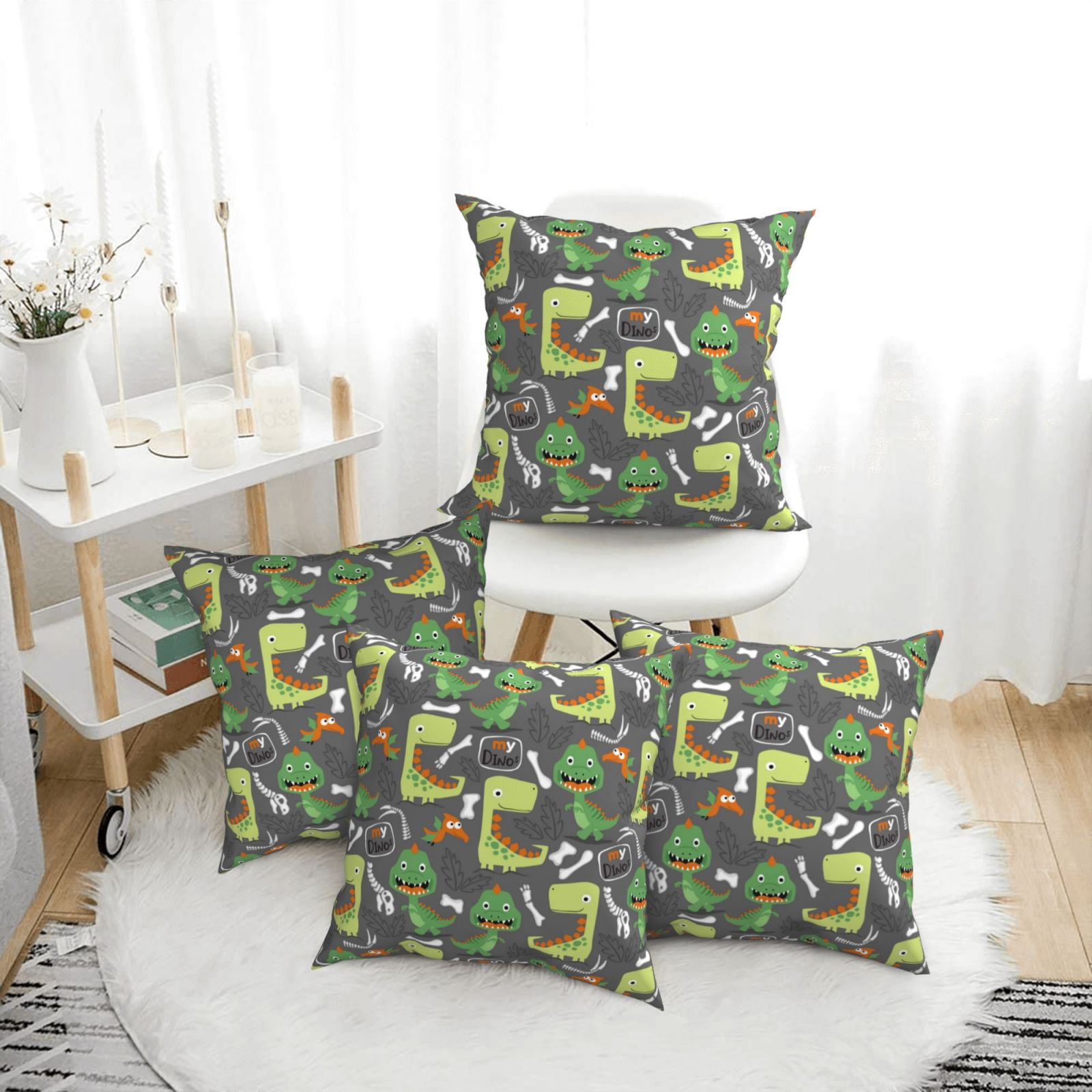 4 Pack Throw Pillow Covers - Cartoon Dinosaurs (2) Breathable Pillow