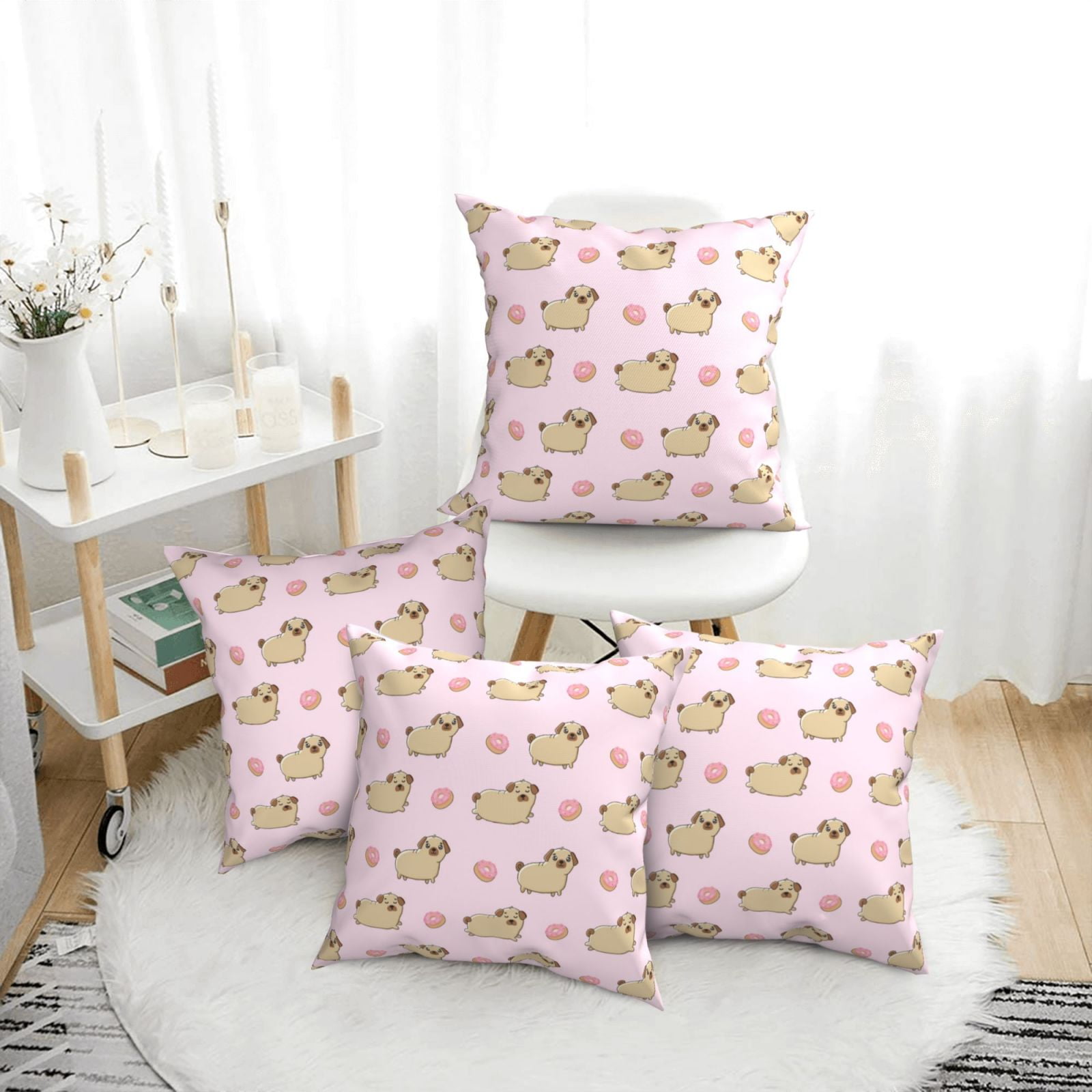 4 Pack Throw Pillow Covers Cute Dog Puppy doughnut Breathable Pillow