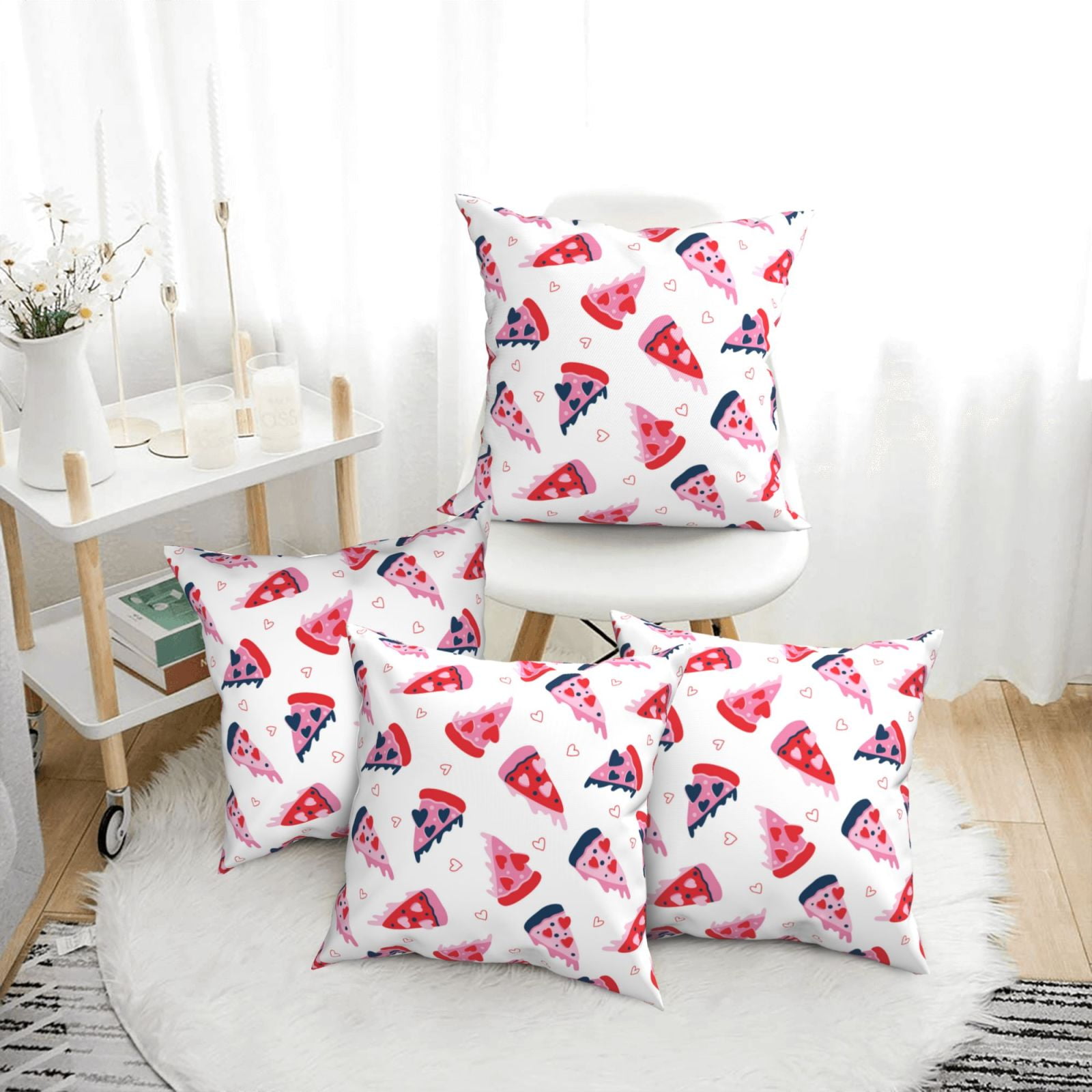 4 Pack Throw Pillow Covers - Cute Love Pizza pink Breathable Pillow