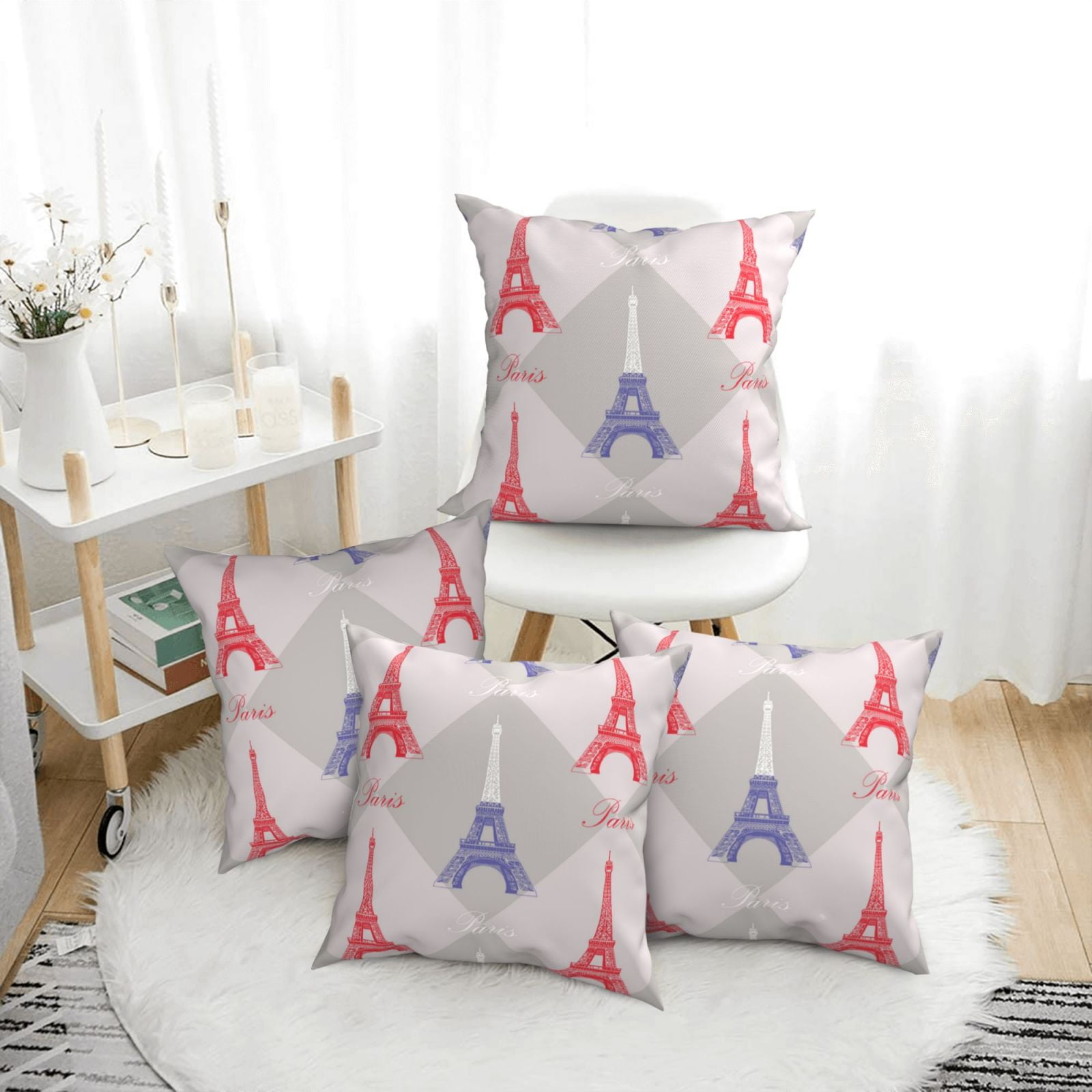 4 Pack Throw Pillow Covers Eiffel Tower red blue Breathable Pillow