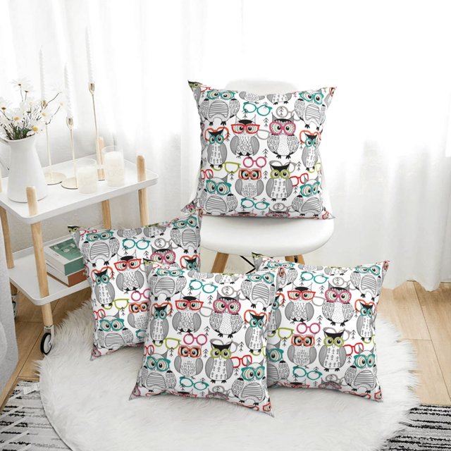 4 Pack Throw Pillow Covers Owl with Glasses Breathable Pillow Cases