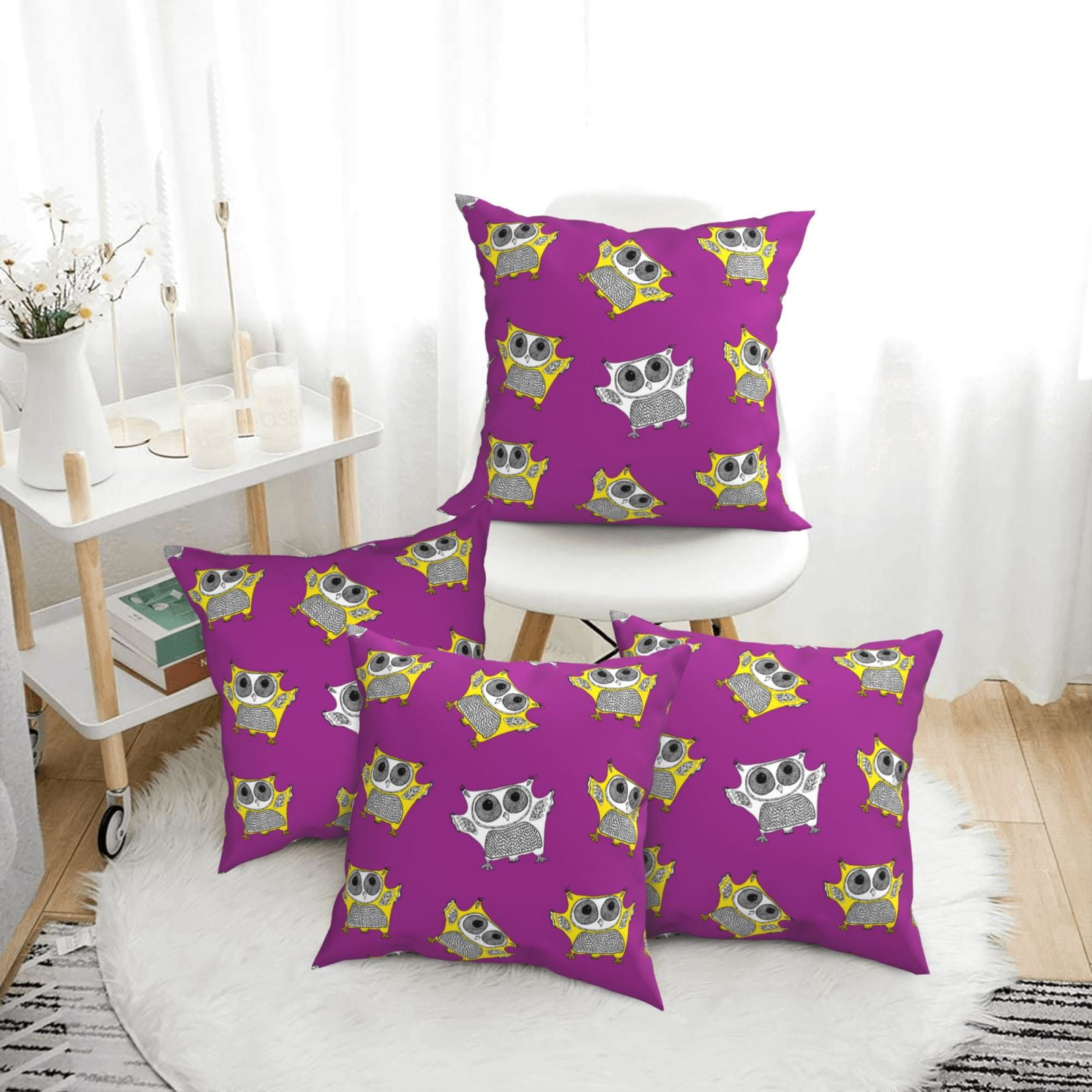 4 Pack Throw Pillow Covers Quirky Owl Purple Breathable Pillow Cases