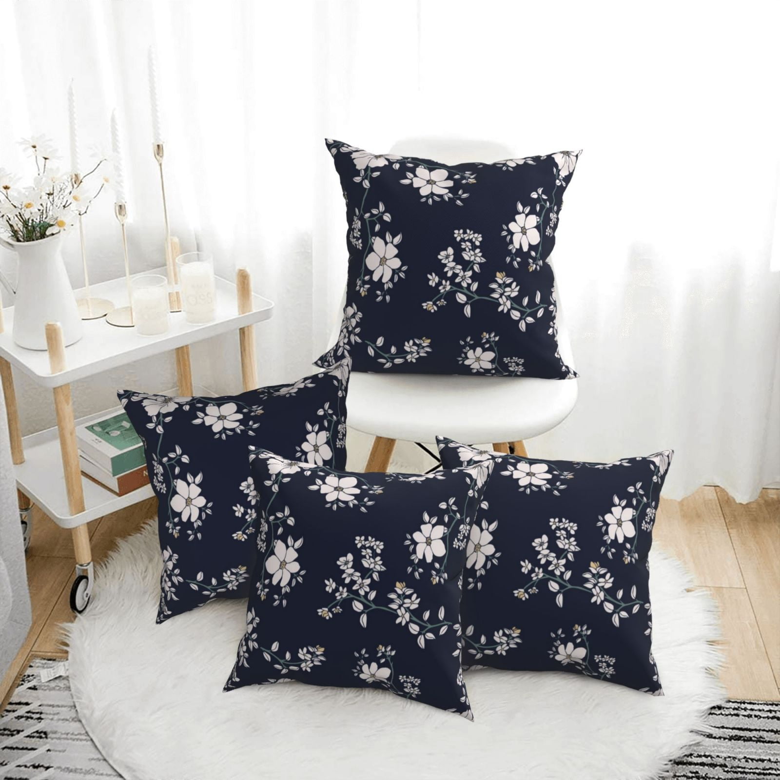 4 Pack Throw Pillow Covers Retro white flower Breathable Pillow Cases