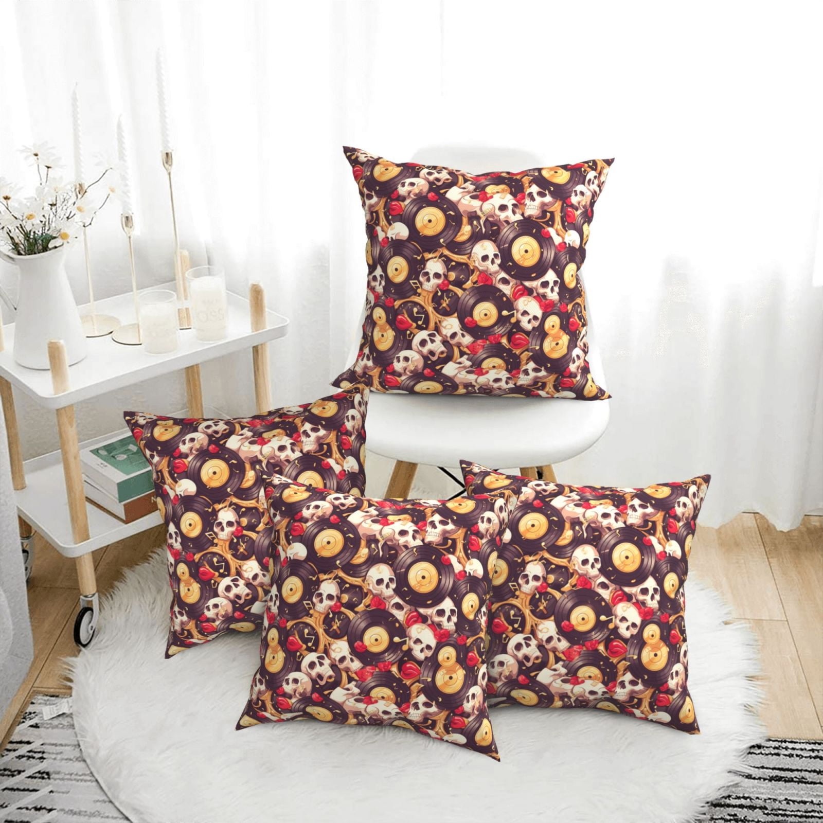 4 Pack Throw Pillow Covers Skull record lips Breathable Pillow Cases