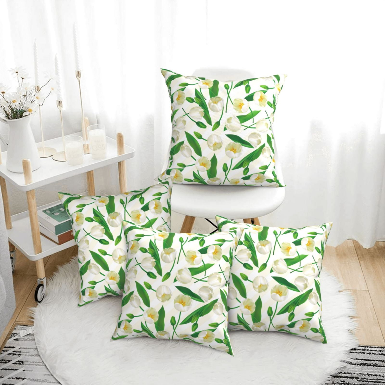 4 Pack Throw Pillow Covers Tulips Flowers Leaves Breathable Pillow