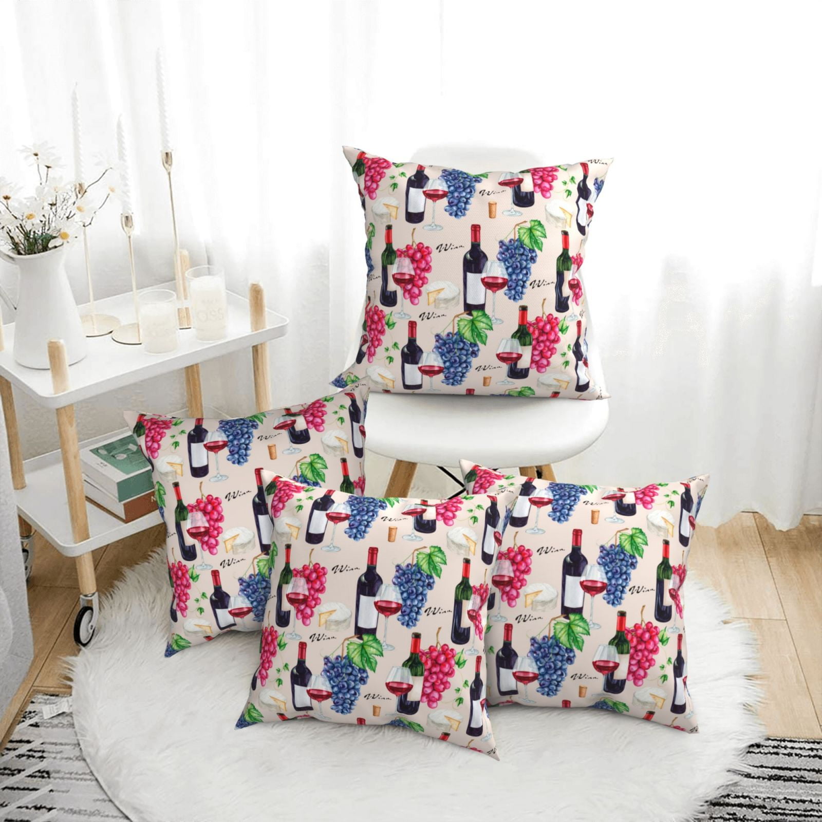 4 Pack Throw Pillow Covers Wine Print No.J939 Breathable Pillow Cases