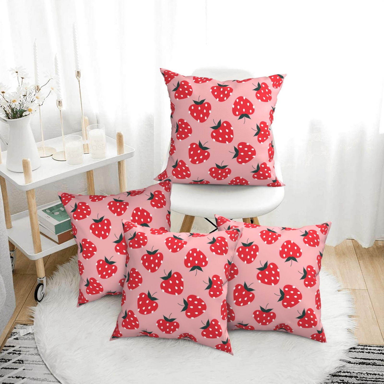 4 Pack Throw Pillow Covers cartoon strawberries print Breathable