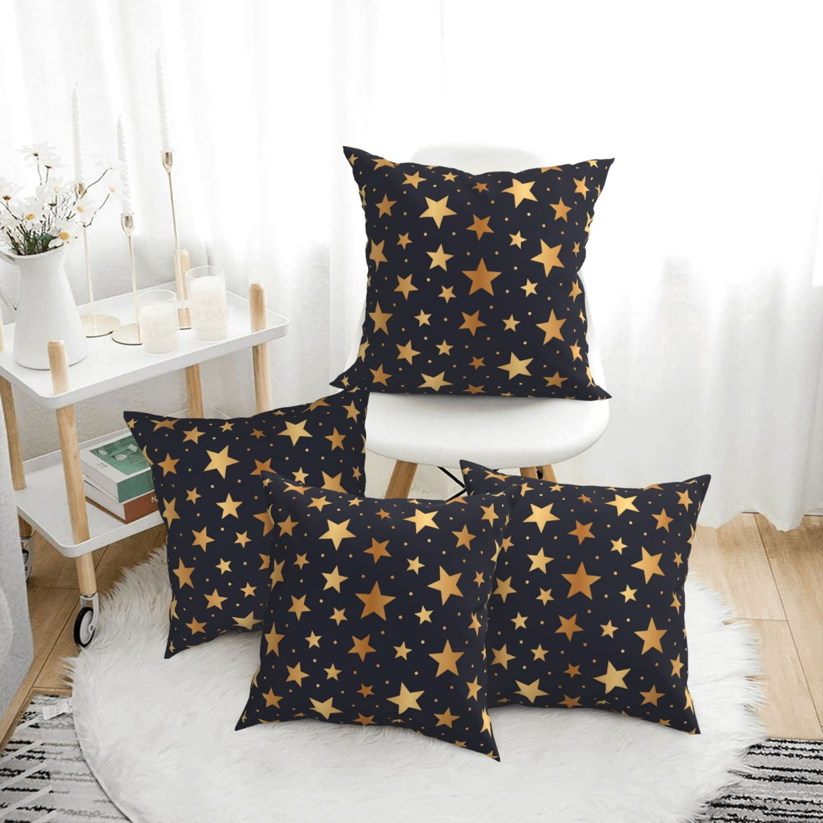 4 Pack Throw Pillow Covers - Gold Glitter Star Breathable Pillow Cases 