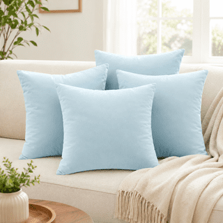 Storvive 4-Pack Velvet Throw Pillows 18x18 with Inserts Included, Soft Decorative Square Pillows for Couch, Sofa & Bed, Baby Blue