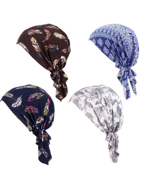 4 Pack Tie-Back Triangle Headscarf for Women, Printed Pre-Tied Skull Cap, Soft Stretch Chemo Beanie for Hair Loss, Daily Wear and Fashion