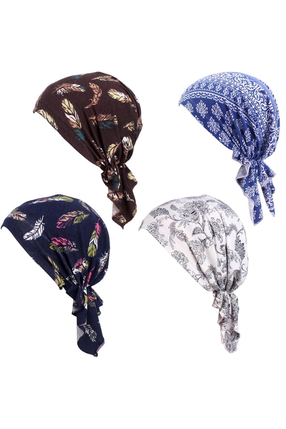 4 Pack Tie-Back Triangle Headscarf for Women, Printed Pre-Tied Skull Cap, Soft Stretch Chemo Beanie for Hair Loss, Daily Wear and Fashion
