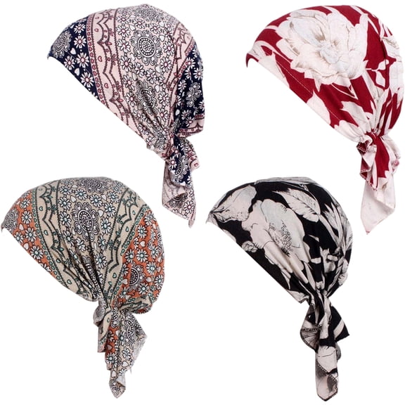 4 Pack Tie-Back Triangle Headscarf for Women, Printed Pre-Tied Skull Cap, Soft Stretch Chemo Beanie for Hair Loss, Daily Wear and Fashion