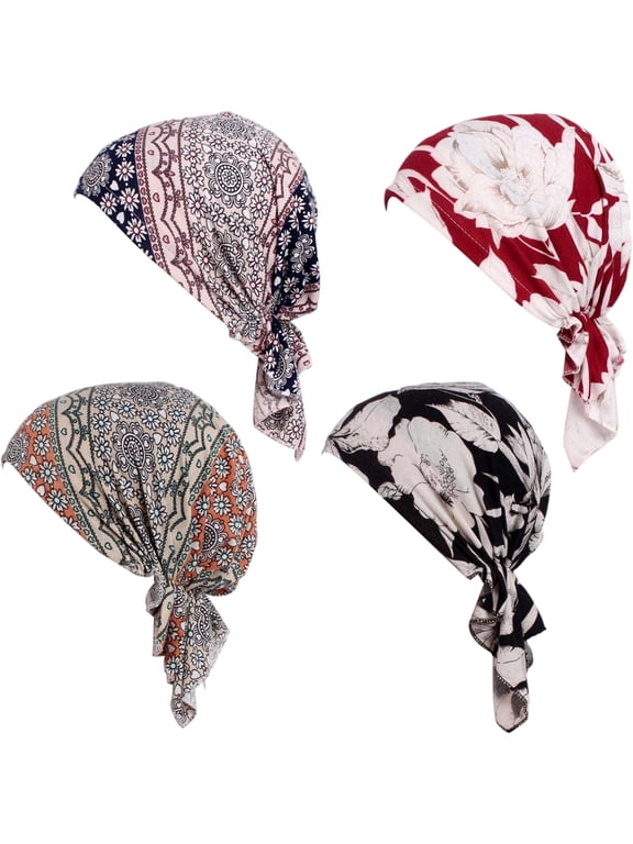 4 Pack Tie-Back Triangle Headscarf for Women, Printed Pre-Tied Skull Cap, Soft Stretch Chemo Beanie for Hair Loss, Daily Wear and Fashion
