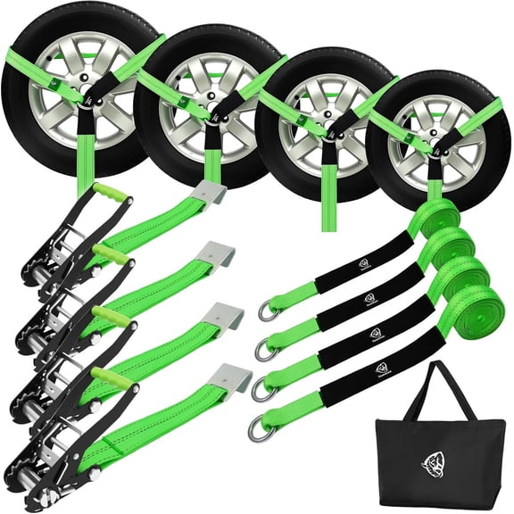 4 Pack  Tie Down Straps for  - 2" x 8' Heavy Duty Tire Straps with Flat Hooks - 10,000lbs Break Strength, Adjustable Lasso Style Wheel Straps for Hauling , , UTV(Green)