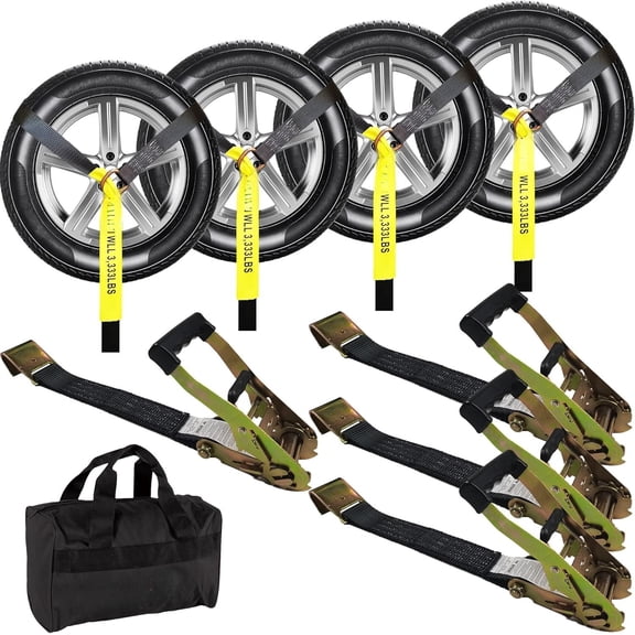 4 Pack Tie Down Straps for - Tire Ratchet Strap with Flat Hooks - 2" x 10' 10,000LBS Break Strength - Lasso Style Wheel Straps for Hauling UTV, SUV, Any