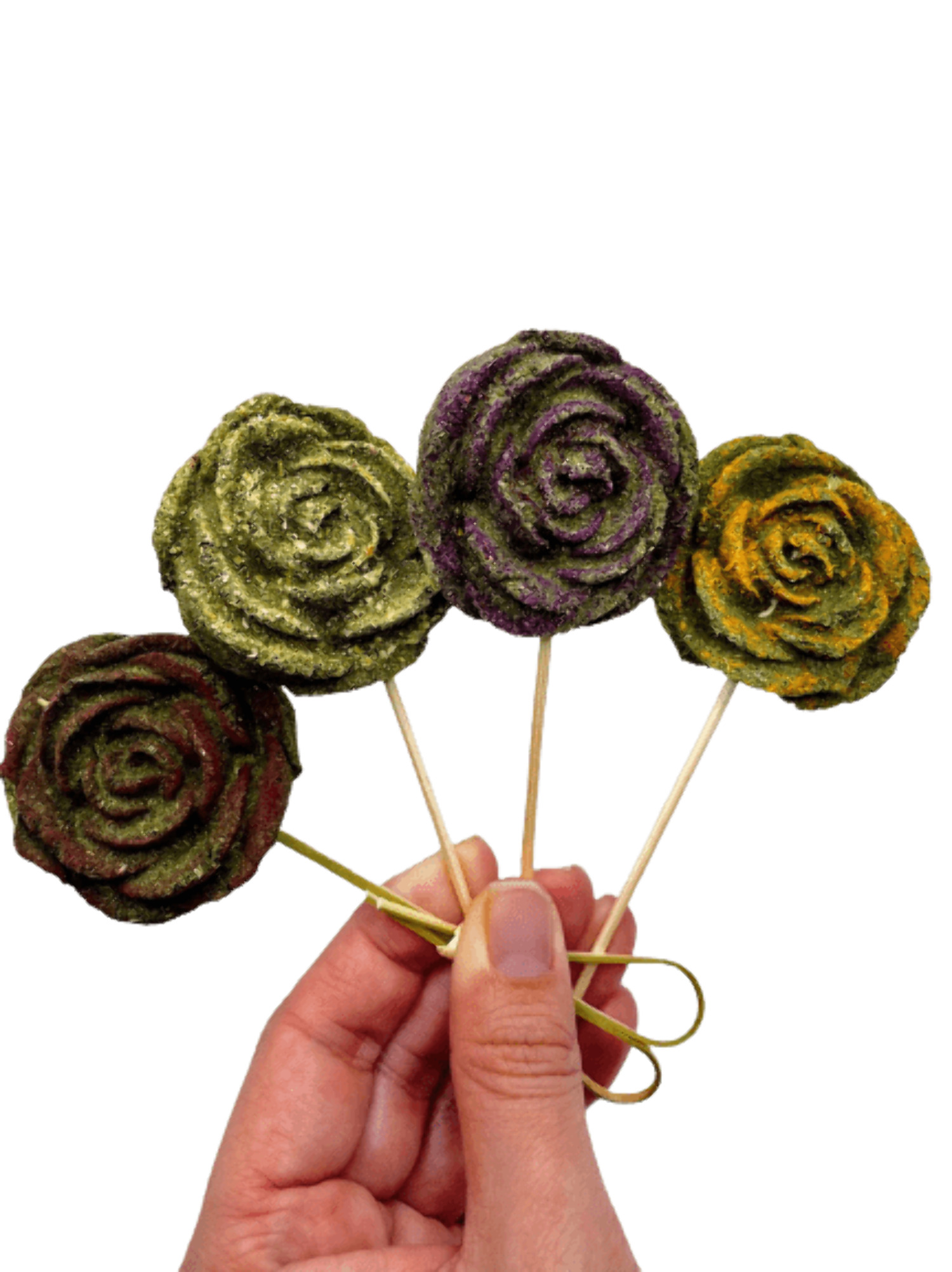4 Pack Timothy Hay Rose Flower Lollipop with Bamboo Stick Treat for