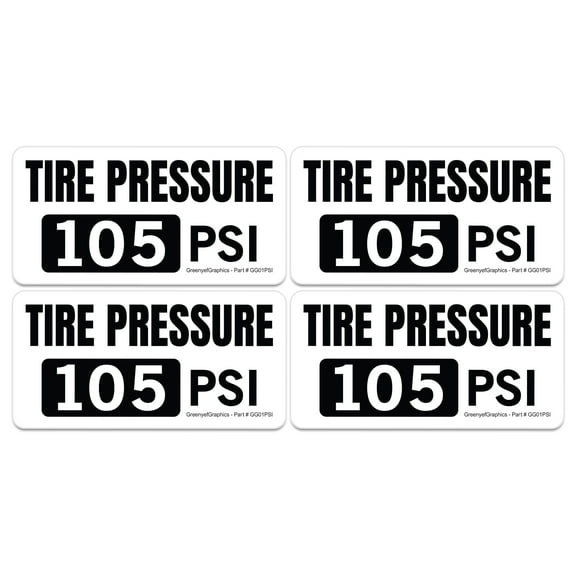 (4 Pack) Tire Pressure 105 PSI Stickers, Laminated Vinyl Decals, Truck Safety Markings, Self-Adhesive Durable Labels (2" x 1", Black/White)