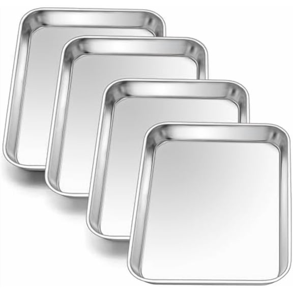 4 Pack Toaster Oven Trays, 9.4”x7.3” Stainless Steel Small Baking Cookie Sheets, Mini Non-toxic Metal Baking Pans for Cake, Healthy & Rust Free, Mirror Finish & Dishwasher Safe