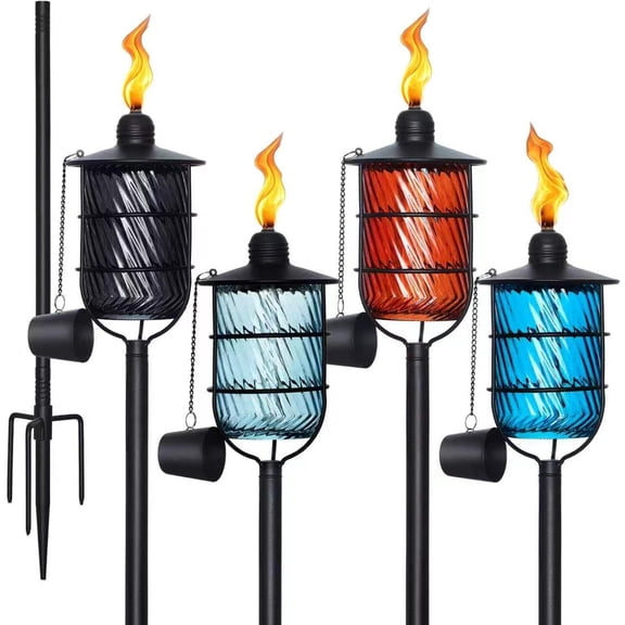 4 Pack Torches for Outside,14 oz with 4-Prong Grounded Stake 30"-59" | Outdoor Citronella Torches for Party,Yard, Garden (Multicolor)