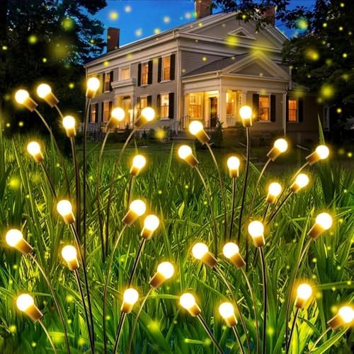 4 Pack Total 32 LED Solar Garden Lights Fairy Outdoor - Solar Firefly Lights Outdoor, Sway by Wind, Waterproof for Garden Patio Pathway Fairy Decoration (Warm White)