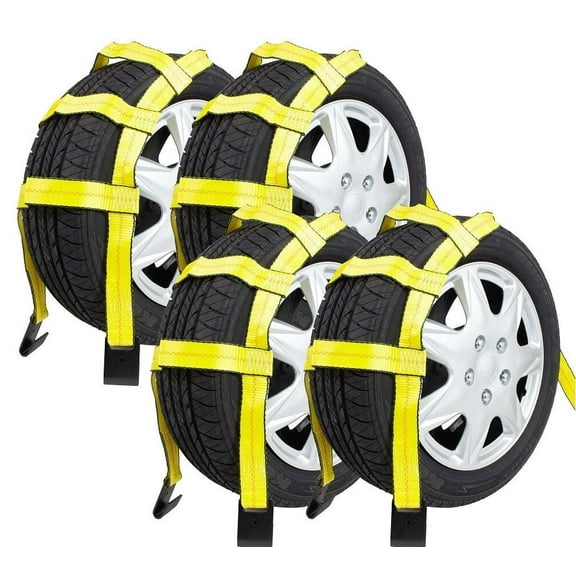 4 Pack Tow Dolly Basket Straps with Flat Hook for 14"-19" Tires - 12,000 lbs Breaking Strength - Heavy Duty Wheel Net Auto Car Dolly Tie Down Straps for Universal Vehicle Towing
