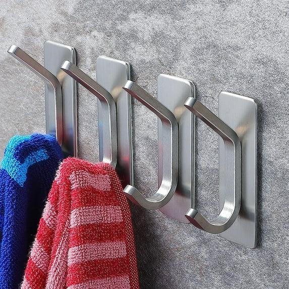 4 Pack Towel Hook/Adhesive Hooks - Black Wall Hooks Stick for Bathroom and Kitchen Heavy Duty Hooks, Stainless Steel - Silver