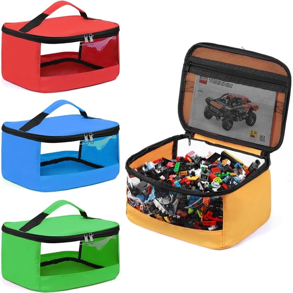 4-Pack Toy Storage Bags with Zipper Closure & Handles, PVC Translucent Organizer for Building Blocks, Puzzles, Toys, Easy Carry & Compact Stacking