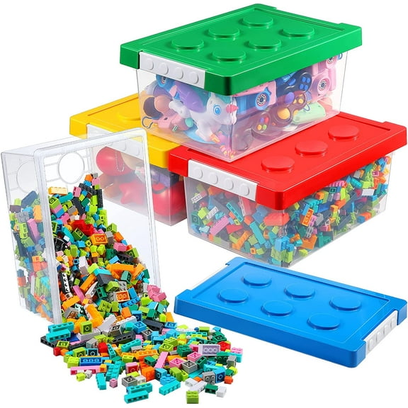4 Pack Toy Storage Containers with Lids Brick Shaped Kids Toy Organizer Box Plastic Clear Stackable Bin Chest for Building Block Dolls(Large,Red, Yellow, Blue, Green)