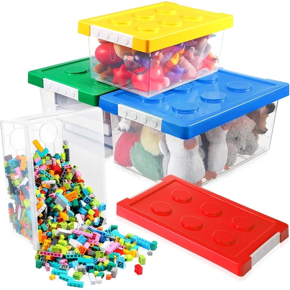 4 Pack Toy Storage Containers with Lids Brick Shaped Kids Toy Organizer Box Plastic Clear Stackable Bin Chest for Building Block Dolls(Large, X-Large,Red, Yellow, Blue, Green)