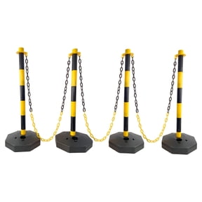 4 Pack Traffic Delineator Post Cones with Fillable Base, Adjustable Plastic Safety Barrier with 5Ft Plastic Chain, Outdoor and Indoor Crowd Control Stanchion for Traffic Control and warning Y/B
