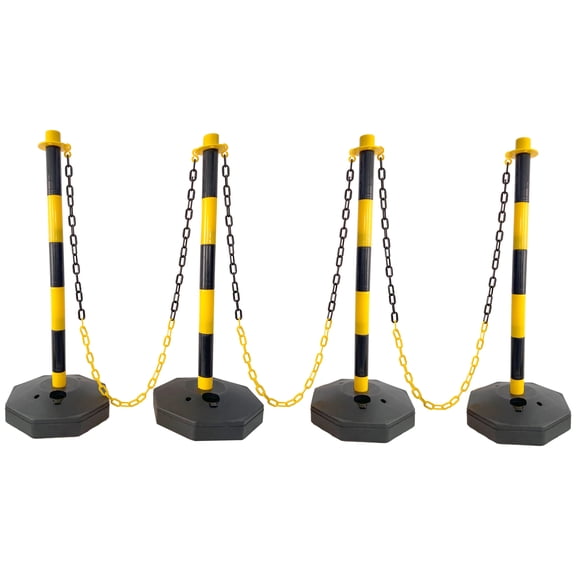 4 Pack Traffic Delineator Post Cones with Fillable Base, Adjustable Plastic Safety Barrier with 5Ft Plastic Chain, Outdoor and Indoor Crowd Control Stanchion for Traffic Control and warning Y/B,