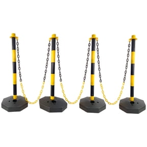 4 Pack Traffic Delineator Post Cones with Fillable Base, Adjustable Plastic Safety Barrier with 5Ft Plastic Chain, Outdoor and Indoor Crowd Control Stanchion for Traffic Control and
warning Y/B