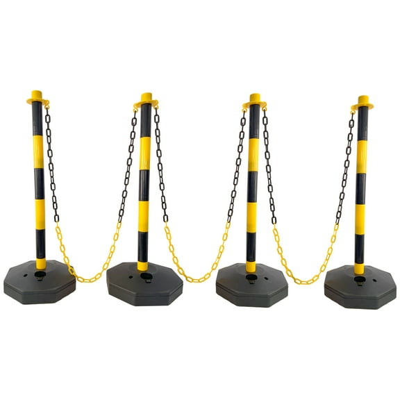 4 Pack Traffic Delineator Post Cones with Fillable Base,Adjustable Plastic Safety Barrier with 5Ft Plastic Chain,Outdoor and Indoor Crowd Control Stanchion for Traffic Control and Warning