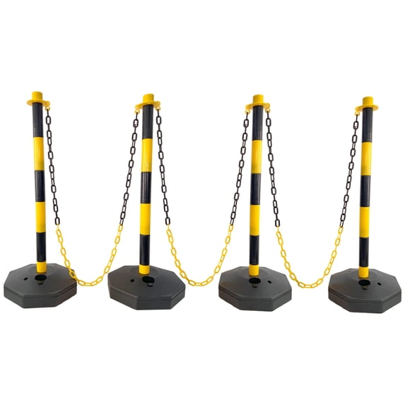 4 Pack Traffic Delineator Post Cones with Fillable Base, Adjustable Plastic Safety Barrier with 5Ft Plastic Chain, Traffic Control Warning Parking Lot for Traffic Control and Warning, Yellow