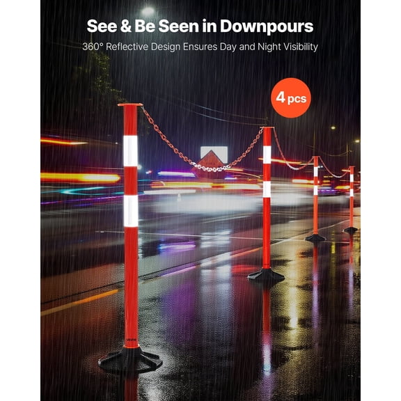4 Pack Traffic Delineator Posts,34 in Traffic Safety Cones with Weighted Base,Reflective Strips&Chain,Heavy Duty Delineator Posts for Construction Site,Parking Lot,Crowd Control,Red