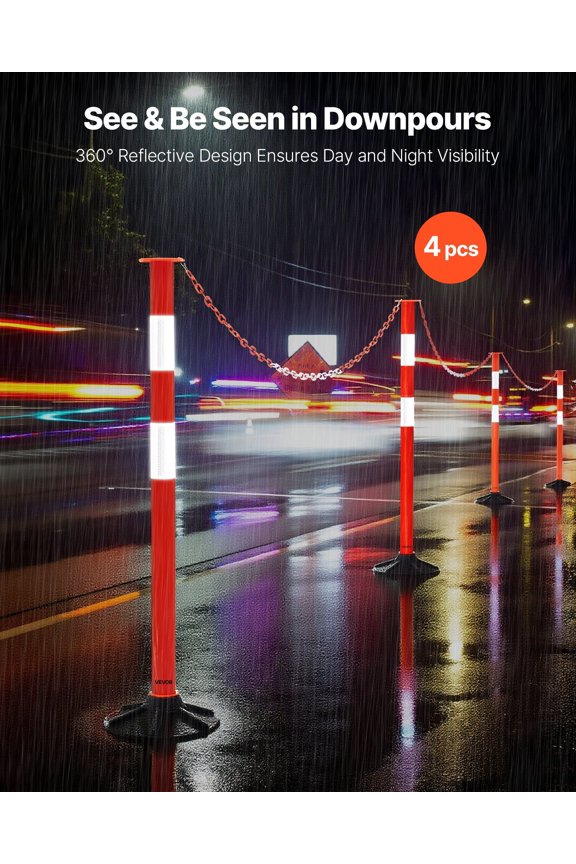 4 Pack Traffic Delineator Posts,34 in Traffic Safety Cones with Weighted Base,Reflective Strips&Chain,Heavy Duty Delineator Posts for Construction Site,Parking Lot,Crowd Control,Red