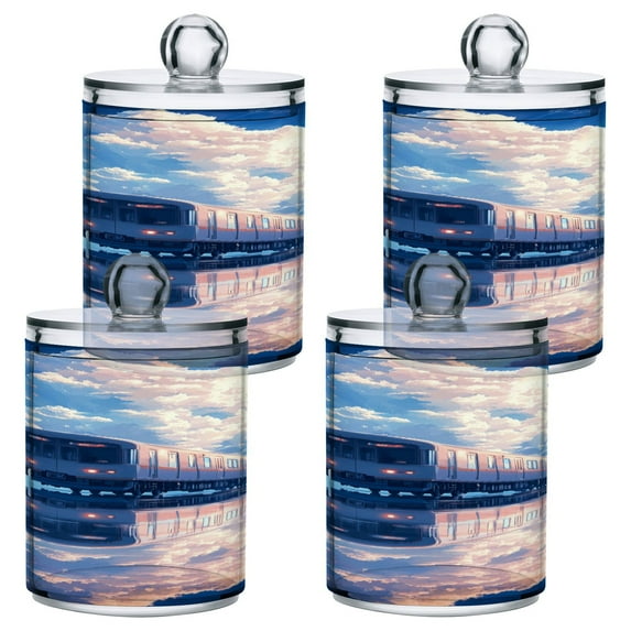 4 Pack Train in Blue Sky Qtip Holder Dispenser Clear Plastic Storage Apothecary Jars for Cotton Swabs Balls Pads Floss