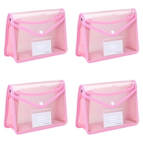 4 Pack Transparent Document Holders Waterproof Filing Pouches Paper Storage Bags,A5 Expandable Plastic File Organizer Folders,Thick Durable Secure Closure Label Area Color Coded Folder,Pink