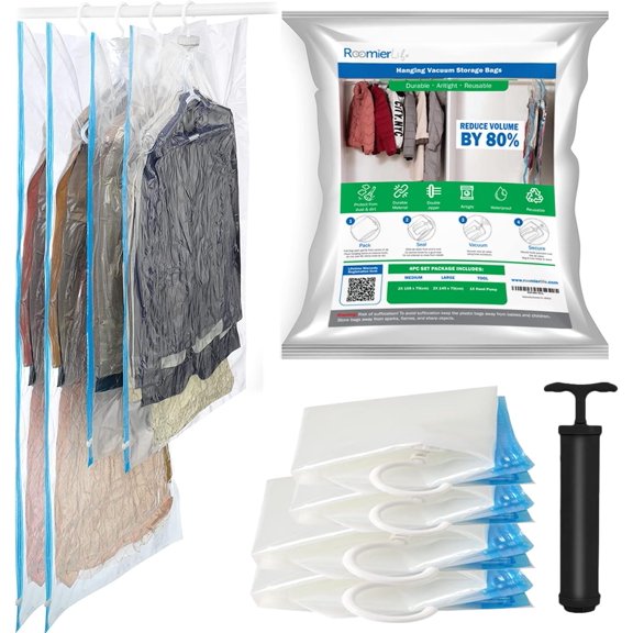 4 Pack Travel Clothes Hangers Space Saving Vacuum Storage with Sizes M to L, Roll Up Seal Bags and Vacuum Compression Storage, Suits, Jackets and Clothes