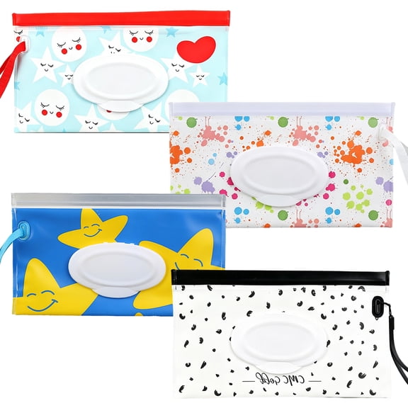 4 Pack Travel Wet Wipe Holder – Reusable Refillable Dispenser Bag with Flip-Top & Zipper – Portable Wipe Case for Baby, Home, Hiking, Car – Assorted Color Designs