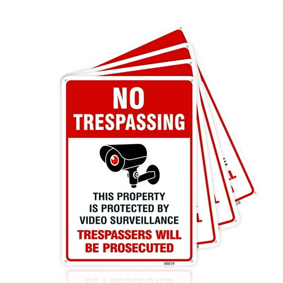 4 Pack No Trespassing Signs Private Property, Metal 24 Hour Video Surveillance Signs for Home and Outdoor, Aluminum 7*10 inchs, Warning Signs for Property,Security Camera Sign for Yard and Home (8617)