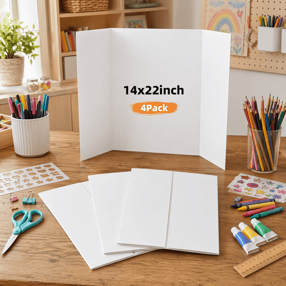 LAVFOX 4 Pack Trifold Poster Board, 14x22 Inch White Presentation Board for Science Fair and School DIY Projects