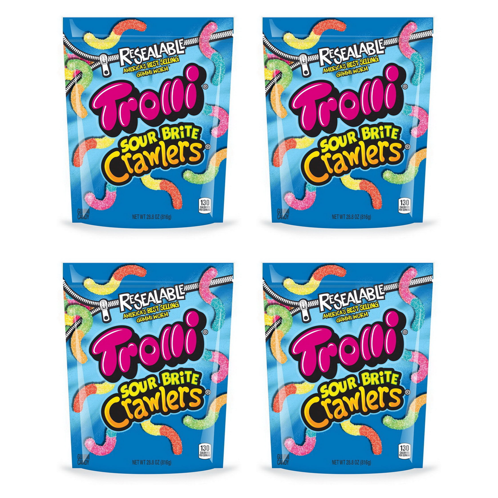 4 Pack - Trolli Sour Brite Crawlers, Candy, Cherry-Lemon, Strawberry-Grape & Orange-Lime, Sweet and Sour, Gummy Worms, 14 oz